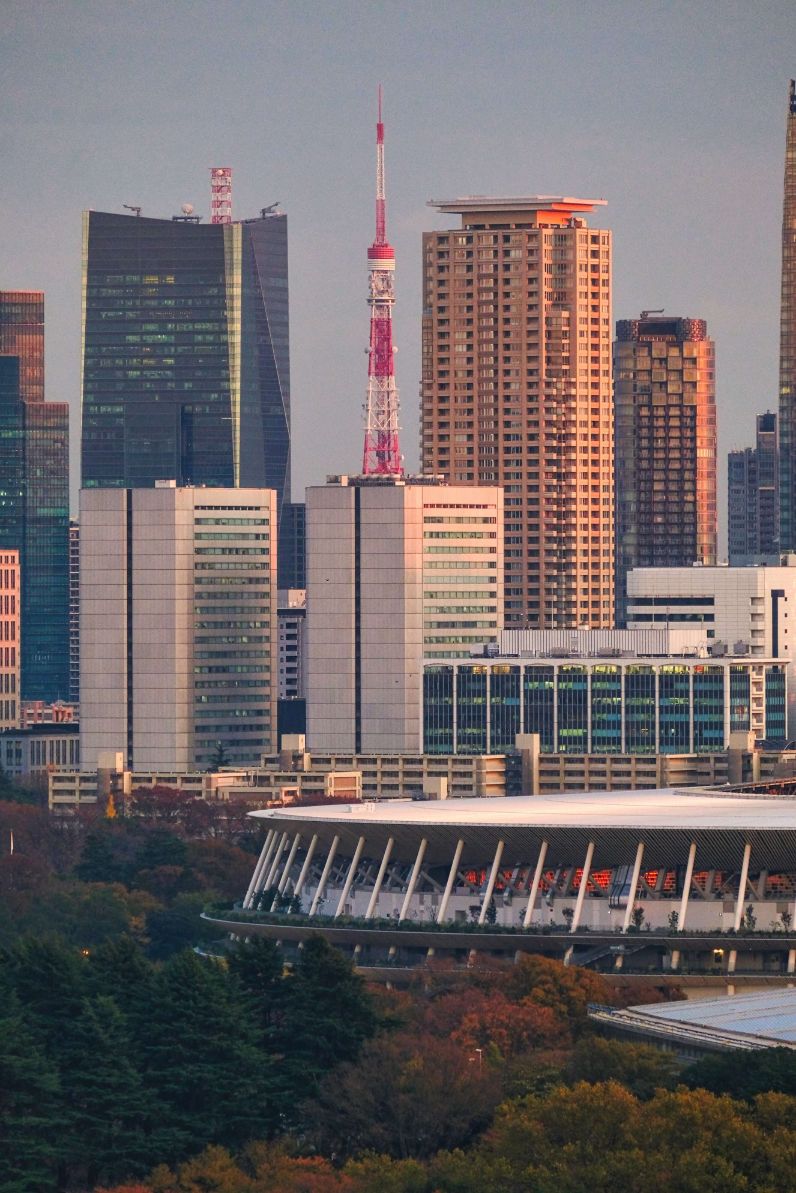 From this spot, the Tokyo Tower is visible as well as the New National Stadium for the 2020 Olympics. Having two iconic buildings in one frame.